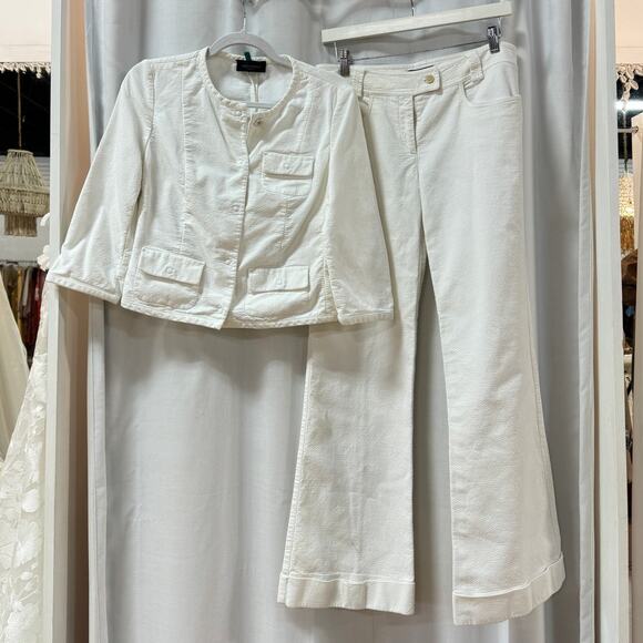 Piazza Sempione Long Sleeve Crop Jacket & Flare Pants Set White Women's 44 / M - Picture 2 of 9